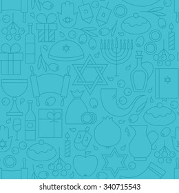 Thin Line Happy Hanukkah Blue Seamless Pattern. Vector Jewish Winter Holiday Design and Seamless Background in Trendy Modern Line Style. Israel Judaism Religion