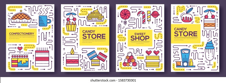 Thin line Happy people baking brochure cards set.  Decorating cakes template of flyear, magazines, poster, book cover, banners. Outline confectionery shop  invitation concept.