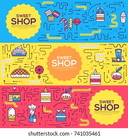 Thin line happy people baking brochure cards set. Decorating cakes template of flyear, magazines, poster, book cover, banners. Outline confectionery shop  invitation concept.