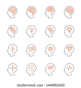 thin line head icons set. outline symbol of thinking process and brain activity. lineart human mind. linear lightbulb, cogwheel logo. editable stroke. isolated on white background. vector illustration