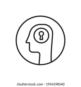 thin line head with keyhole like open your mind logo. flat stroke art trend modern lineart logotype graphic linear design isolated on white. concept of expansion of consciousness and making decision