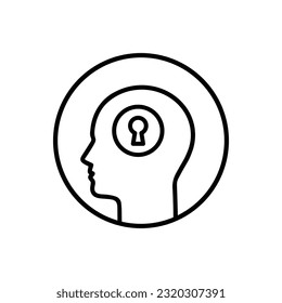 thin line head with keyhole like open your mind logo. flat stroke art trend modern lineart logotype graphic linear design isolated on white. concept of expansion of consciousness and making decision