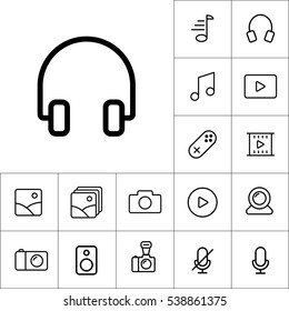 thin line headphones icon on white background, multimedia icons set