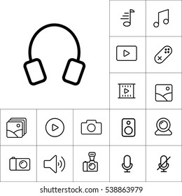 thin line headphones icon on white background, multimedia icons set