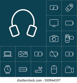 thin line headphones icon on blue background, gadgets set