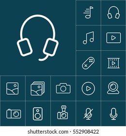 thin line headphones icon on blue background, multimedia icons set
