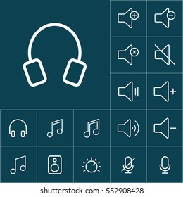 thin line headphones icon on blue background, audio icons set