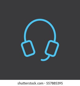 thin line headphones, microphone, online service, support blue icon on dark background
