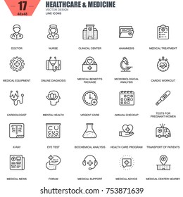 Thin line healthcare and medicine, hospital services icons set for website and mobile site and apps. Contains such Icons as Doctor, Nurse. 48x48 Pixel Perfect. Editable Stroke. Vector illustration.