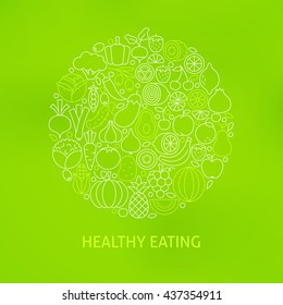 Thin Line Healthy Eating Icons Set Circle Concept. Vector Illustration of Fresh Vegan Fruits and Vegetables Outline Objects over Green Blurred Background.