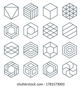 thin line hexagon symbol icon set. linear hexagonal logo. isometric cube. impossible geometric shape. optical illusion geometry. editable stroke. isolated on white background. vector illustration