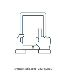 Icono de tableta delgado de sujeción de línea adecuado para gráficos de información, sitios web y medios de impresión e interfaces. Icono de vector de línea.