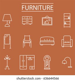 Thin line home furniture icon set. Sofa, chair, mirror, bookshelf and other furniture are easy to use in web design, print, for decor or article illustration.