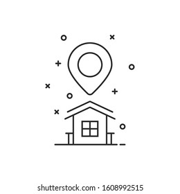 thin line home location logo with pin marker. concept of abstract landmark and travel geo tag. flat lineart style trend modern land mark logotype graphic stroke art design isolated on white background