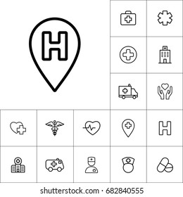 thin line hospilal location icon on white background