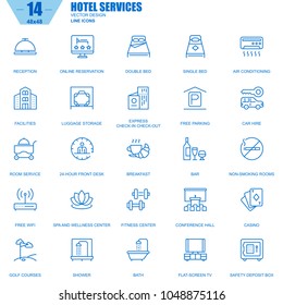 Thin line hotel services and facilities, online booking icons set for website and mobile site apps. Contains such Icons as Reception, Bar. 48x48 Pixel Perfect. Editable Stroke. Vector illustration.