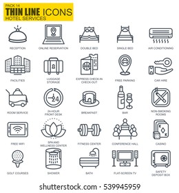 Thin line hotel services and facilities, online booking, travel icons set for website and mobile site apps. Pixel Perfect. Editable Stroke. Simple linear pictogram pack. Vector illustration.