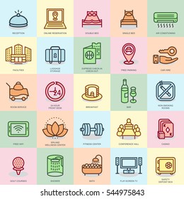 Thin line hotel services and facilities, online booking icons set for website and mobile site apps. Pixel Perfect. Editable Stroke. Flat simple linear pictogram pack. Vector illustration.