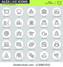 Thin line hotel services icons set for website and mobile site and apps. Contains such Icons as Restaurant, Room Services, Reception. 48x48 Pixel Perfect. Editable Stroke. Vector illustration.