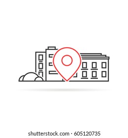 thin line house geo location pinpoint. concept of trip land mark, geolocator simple ui, target badge, town tourism, mapping user interface sign. flat logotype graphic art design on white background