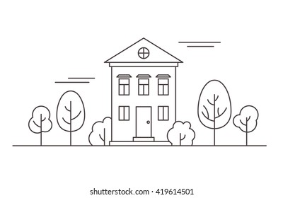 Thin Line House In The Park. Vector Illustration.