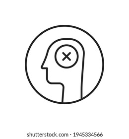 thin line human head with cross like wrong think. flat linear trend modern simple logotype graphic abstract stroke art design isolated on white. concept of irrational thinking or hard mind process