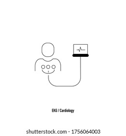 Icono humano de línea delgada con monitor Ekg sobre fondo blanco. Comprobando la ilustración del latido cardíaco. Vectores médicos minimalistas. Símbolos simples de atención médica. 