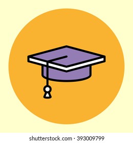 Thin Line Icon. Academic Cap. Simple Trendy Modern Style Round Color Vector Illustration. 