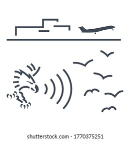 Thin line icon airport aviation safety, bird strike, playing recorded sounds of predators, falcon