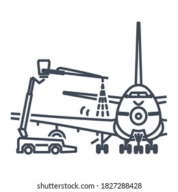 Thin line icon airport aviation safety, airplane maintenance service, deicing, anti-icing