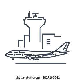 Icono de línea delgada torre de control de aeropuerto, aeronave