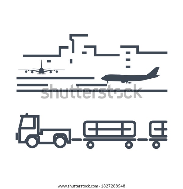 Thin line icon airport luggage towing truck,\
freight trolley on the\
runway