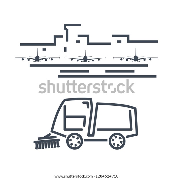 thin line icon airport terminal, sweeper,\
runway service,\
maintenance