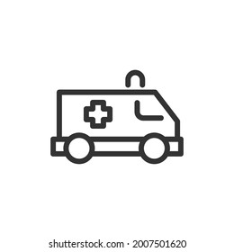 Thin line icon of ambulance. Vector outline sign for UI, web and app. Concept design of ambulance icon. Isolated on a white background.