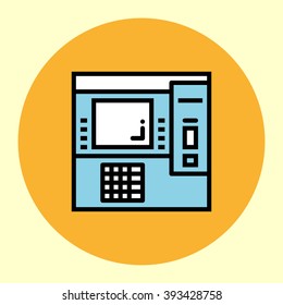 Thin Line Icon. Automated Teller Machine. Simple Trendy Modern Style Round Color Vector Illustration. 