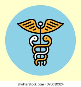 Thin Line Icon. Caduceus Symbol. Simple Trendy Modern Style Round Color Vector Illustration. 