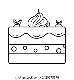 Thin line icon of a cake with cream and physalis isolated on white background. Vector illustration.  