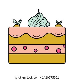 Thin line icon of a cake with cream and physalis isolated on white background. Vector illustration.  