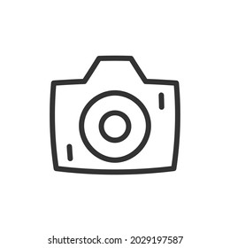 Thin line icon of camera. Vector outline sign for UI, web and app. Concept design of camera icon. Isolated on a white background.