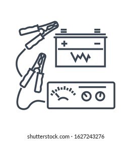 Thin line icon car service, maintenance, charging car battery, jumper power cables, voltmeter