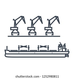 thin line icon cargo ship in port, bulk carrier, harbor crane