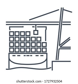 Thin line icon container crane, cargo ship, port terminal