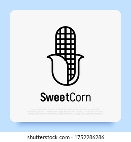 Thin line icon of corn for logo or warning ingredient. Food intolerance symbol. Vector illustration.