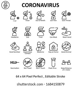  Thin line Icon Coronavirus line icon set. Included icons as Wuhan, virus, symptoms, prevention, contagious, contagion, infection and more.editable stroke . 64x64 pixel perfect on White Background