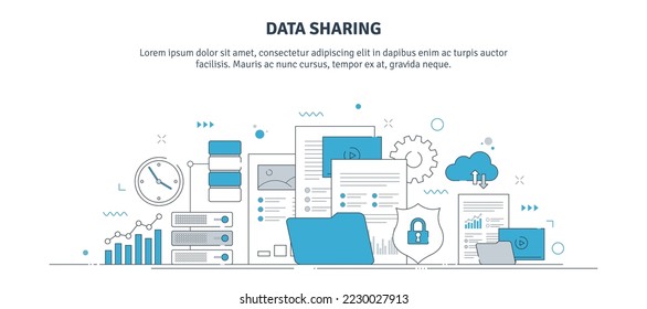 Diseño de iconos de línea delgada con concepto de uso compartido de datos, backup, base de datos, seguridad de datos y servicios en la nube. Diseño de banners de Internet con iconos de ordenador, servidor, gráfico, archivos y documentos. 