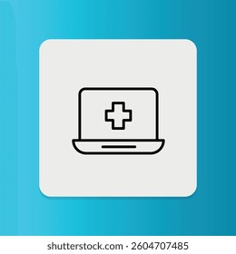 Thin line icon of digital healthcare. A laptop with a medical cross represents telemedicine, e-health services, online medical platforms, and healthcare technology. Ideal for health apps