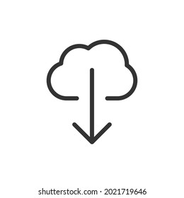 Thin line icon of download. Vector outline sign for UI, web and app. Concept design of download icon. Isolated on a white background.