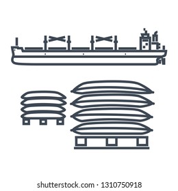 thin line icon dry cargo ship, bulk carrier, pallet, bags