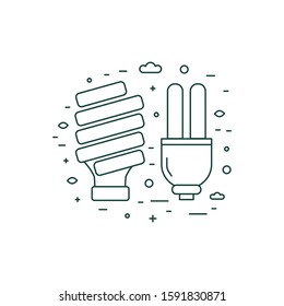 Thin line icon with ecological and environmental friendly energy saving lamps. Outline vector illustration with green bulb symbols.