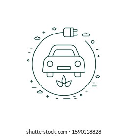 Thin line icon with electric car and charger symbol. Environmental and ecological friendly modern city transportation, vehicle with cable outline illustration.